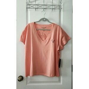 True Religion Women's V-Neck Short Sleeve Cotton Top Glitter Logo Coral Size 3Xl